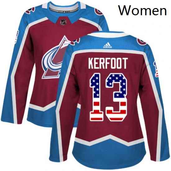 Womens Adidas Colorado Avalanche 13 Alexander Kerfoot Authentic Burgundy Red USA Flag Fashion NHL Jersey